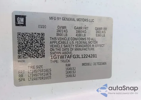 2020 GMC Savana Cargo Rwd 2500 Regular Wheelbase Work Van z USA, uszkodzony, nr VIN 1GTW7AFG3L1224281